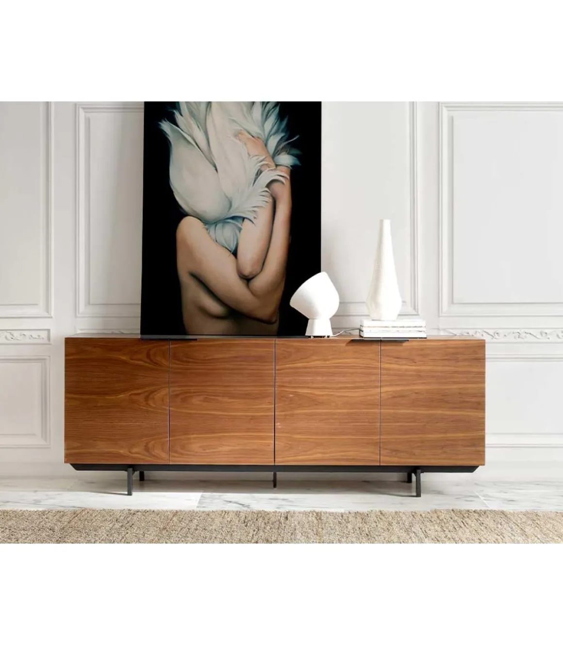 Aparador de 4 puertas Eugenia acabado nogal, 75 cm(alto) 200 cm(ancho) 45 cm(fondo)