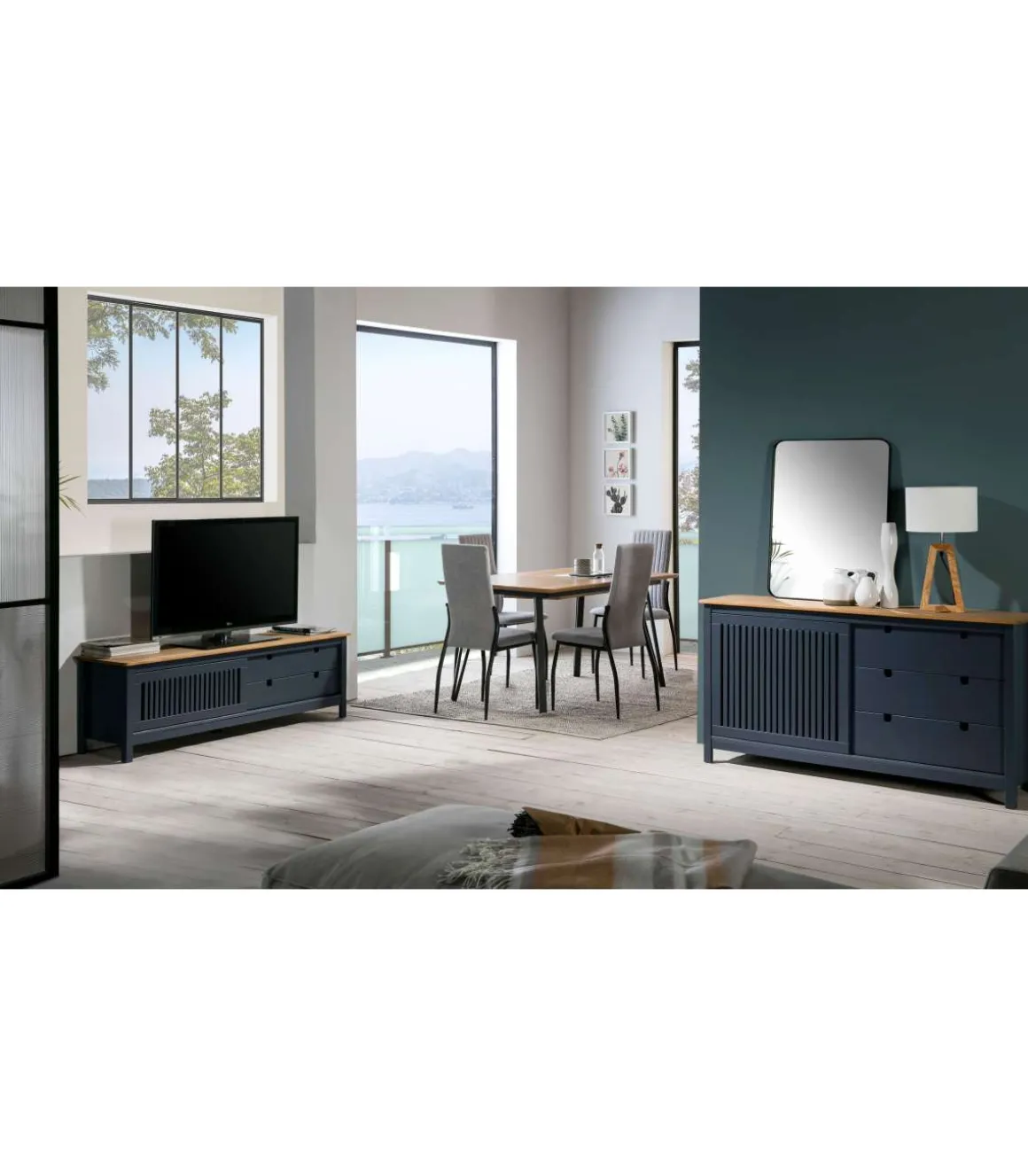 Aparador modelo Luna 1 puerta 3 cajones acabado gris 150 cm(ancho) 80 cm(alto) 40 cm (fondo)