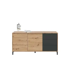 Aparador Noelia 2 puertas y tres cajones acabado en roble y gris antracita 74 cm (alto) x 154 cm (ancho) x 41 cm (prof.)