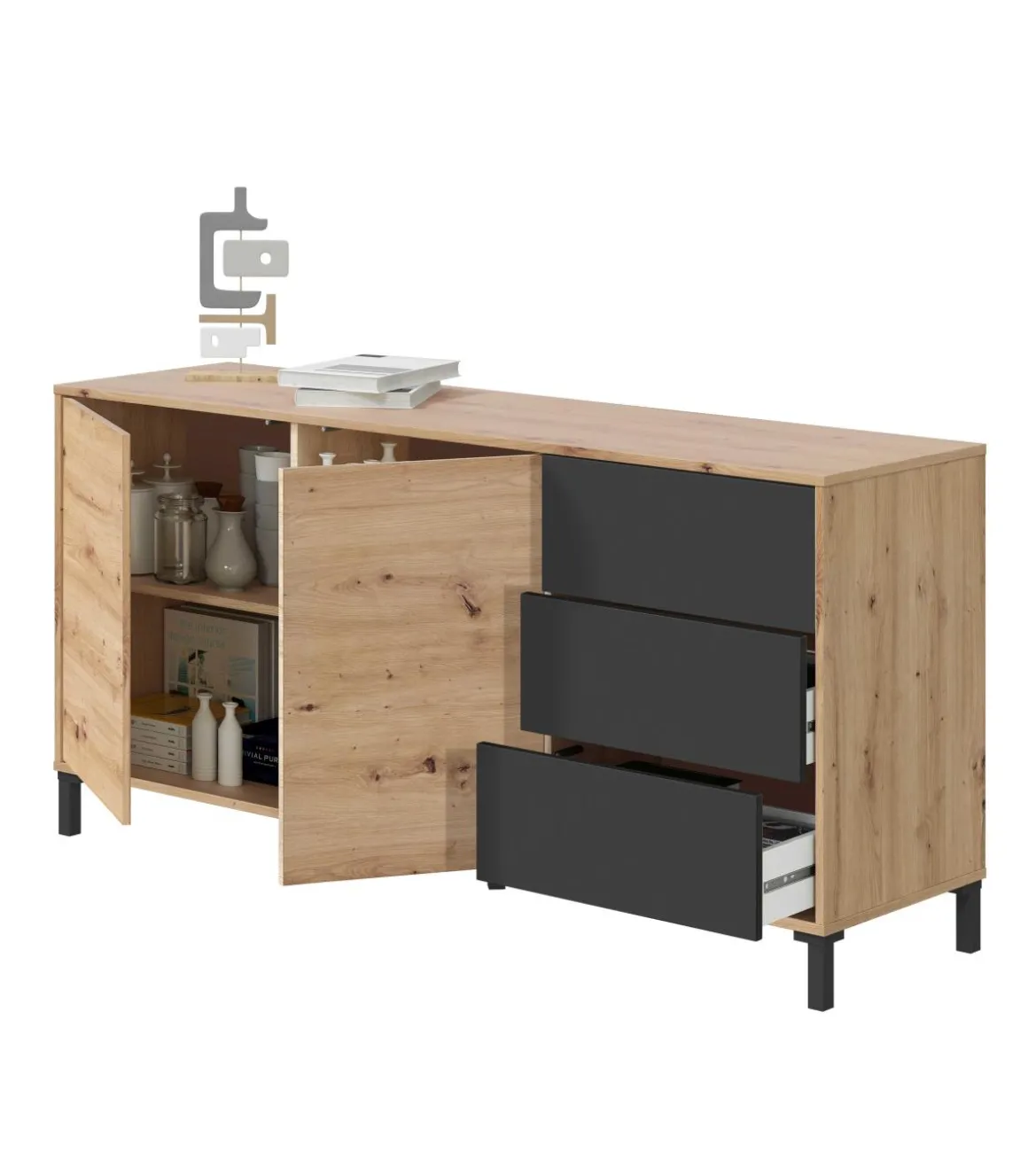 Aparador Noelia 2 puertas y tres cajones acabado en roble y gris antracita 74 cm (alto) x 154 cm (ancho) x 41 cm (prof.)