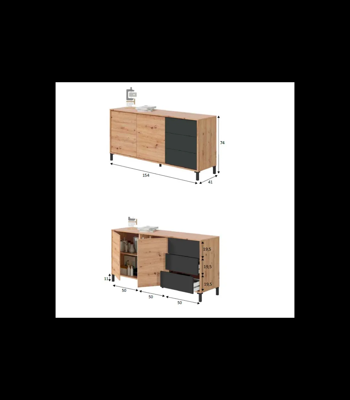 Aparador Noelia 2 puertas y tres cajones acabado en roble y gris antracita 74 cm (alto) x 154 cm (ancho) x 41 cm (prof.)