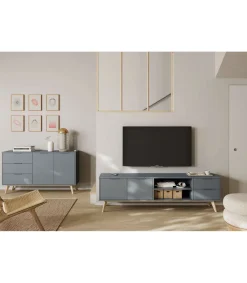 Aparador para comedor Nicolás 2 puertas 2 cajones acabado verde kaki/cera blanca, 140cm(ancho) 81cm(alto) 40cm (fondo)