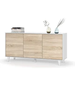 Aparador 3 puertas Alcontar en blanco brillo y roble canadian 75 cm(alto)154 cm(ancho)41 cm(largo)