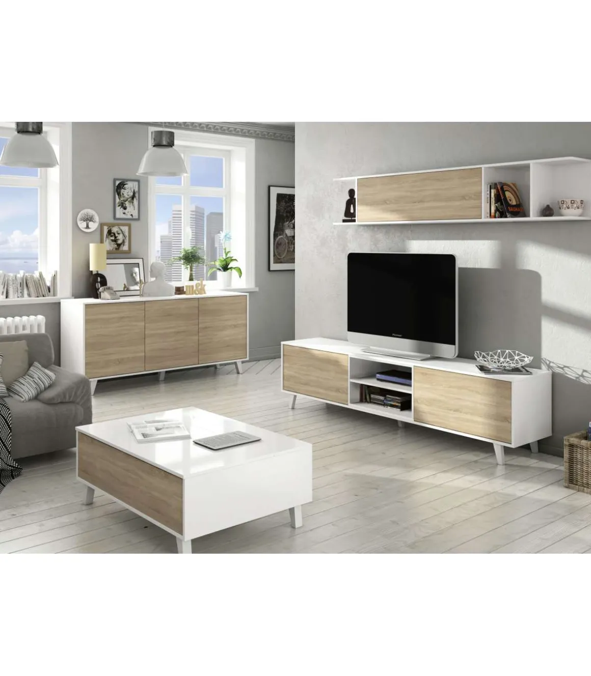 Aparador 3 puertas Alcontar en blanco brillo y roble canadian 75 cm(alto)154 cm(ancho)41 cm(largo)