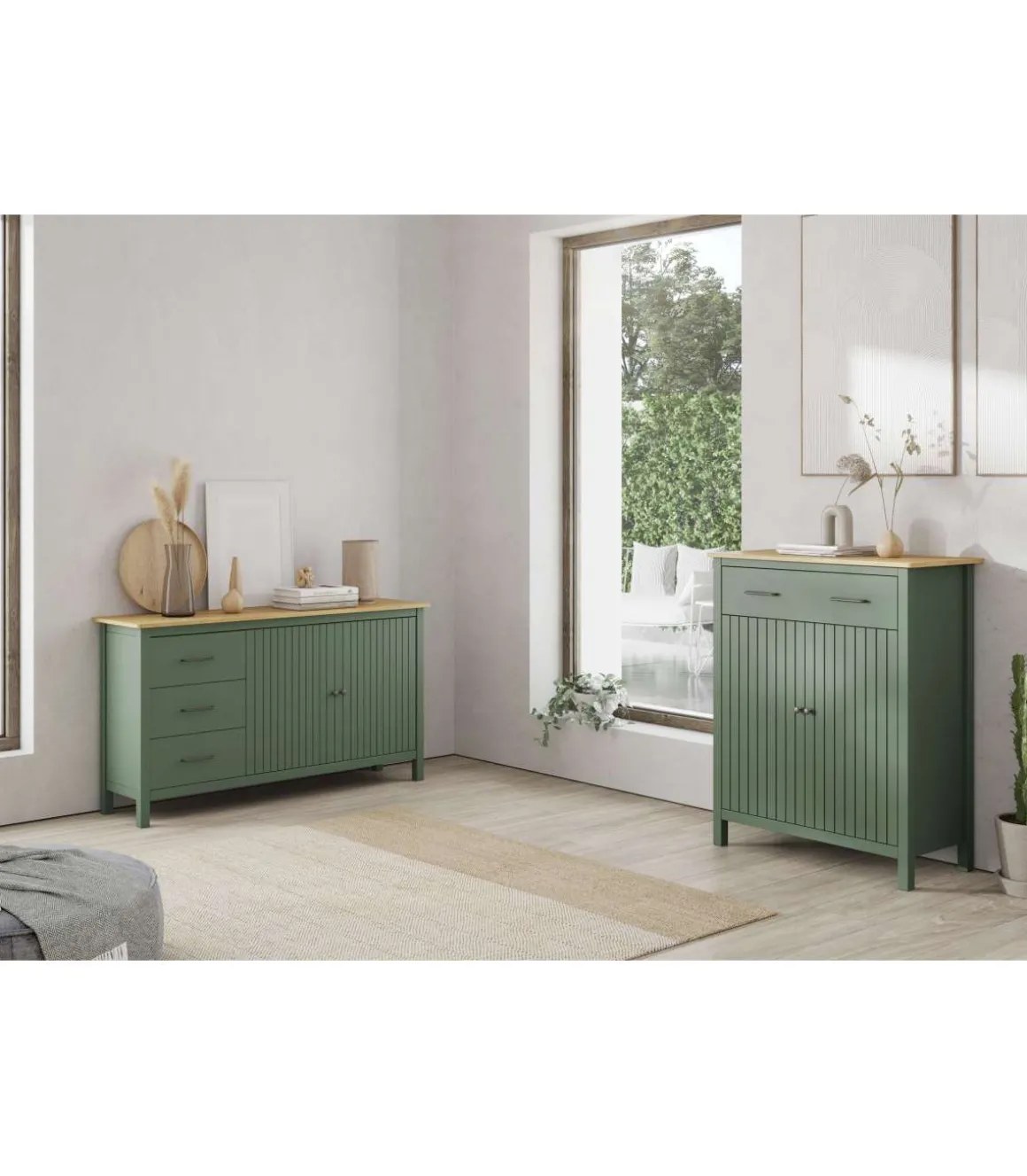 Aparador 2 puertas 3 cajones Mariana acabado verde, 80 cm(alto) 150 cm(ancho) 40 cm(largo)