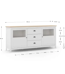 Aparador 2 puertas 3 cajones Miguel-180 acabado en blanco/roble, 80cm(alto) 180cm(ancho) 40cm(largo)