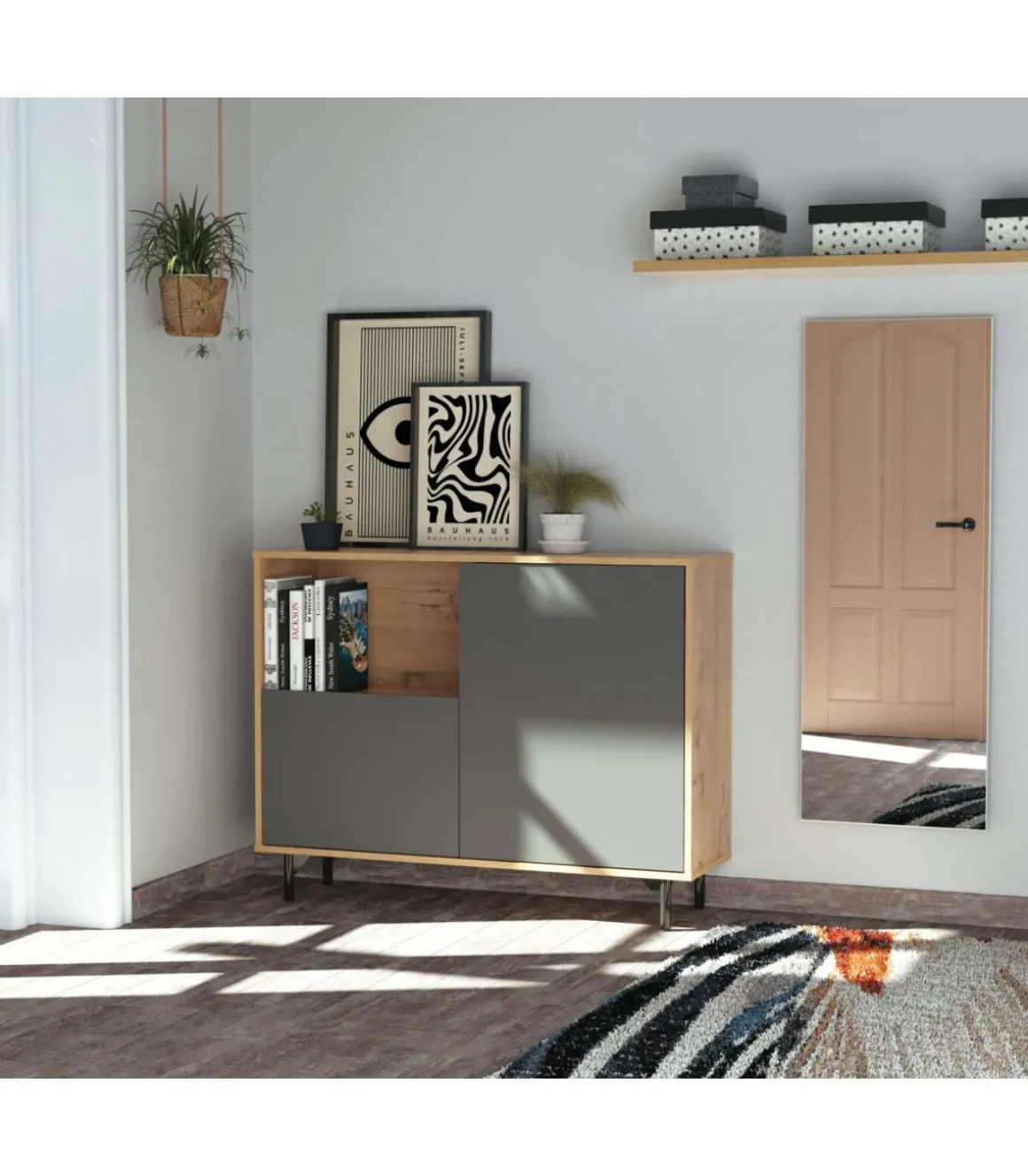 Aparador 2 puertas 1 hueco Anori acabado color roble gold/gris, 86cm(alto) 112cm(ancho) 33cm(largo)