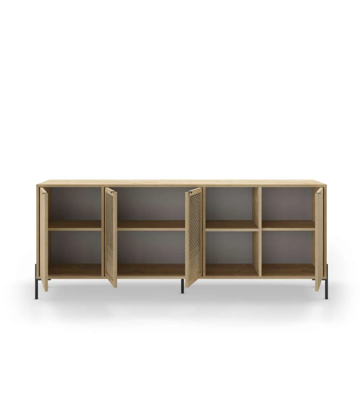 Aparador 4 puertas 2 huecos India acabado roble/negro, 80.3cm(alto) 203.8cm(ancho) 40cm(largo)