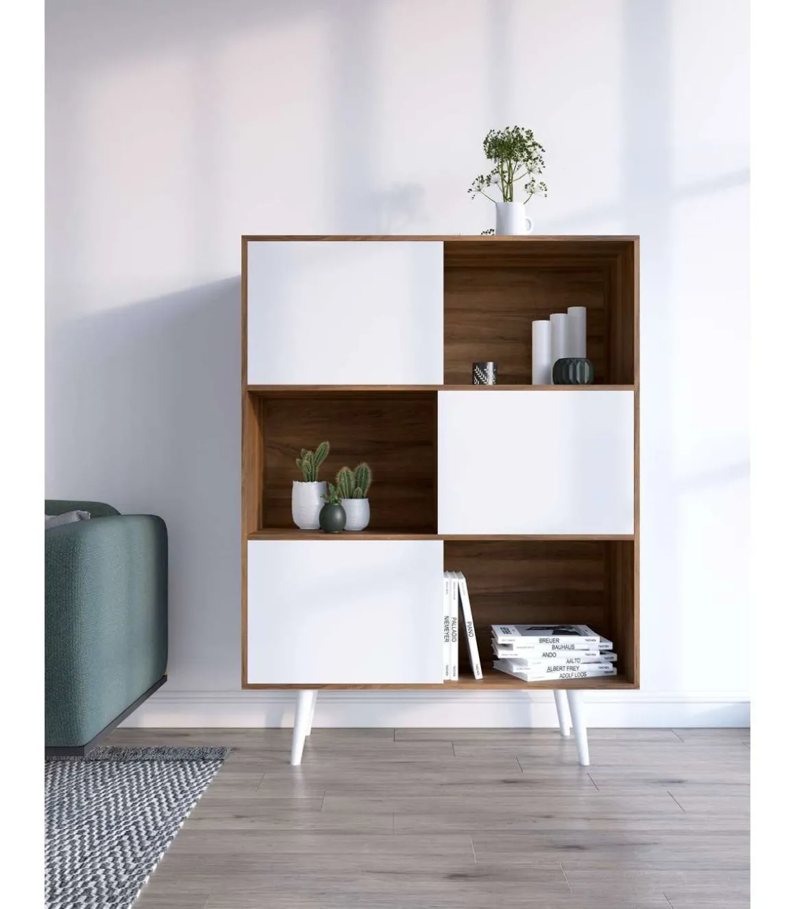 Aparador 3 puertas modelo-881 acabado nogal/blanco, 131cm(alto) 101cm(ancho) 30cm(fondo).