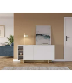 Aparador 3 puertas y 3 huecos Celia acabado blanco/roble, 80cm(alto) 170cm(ancho) 40cm(largo)
