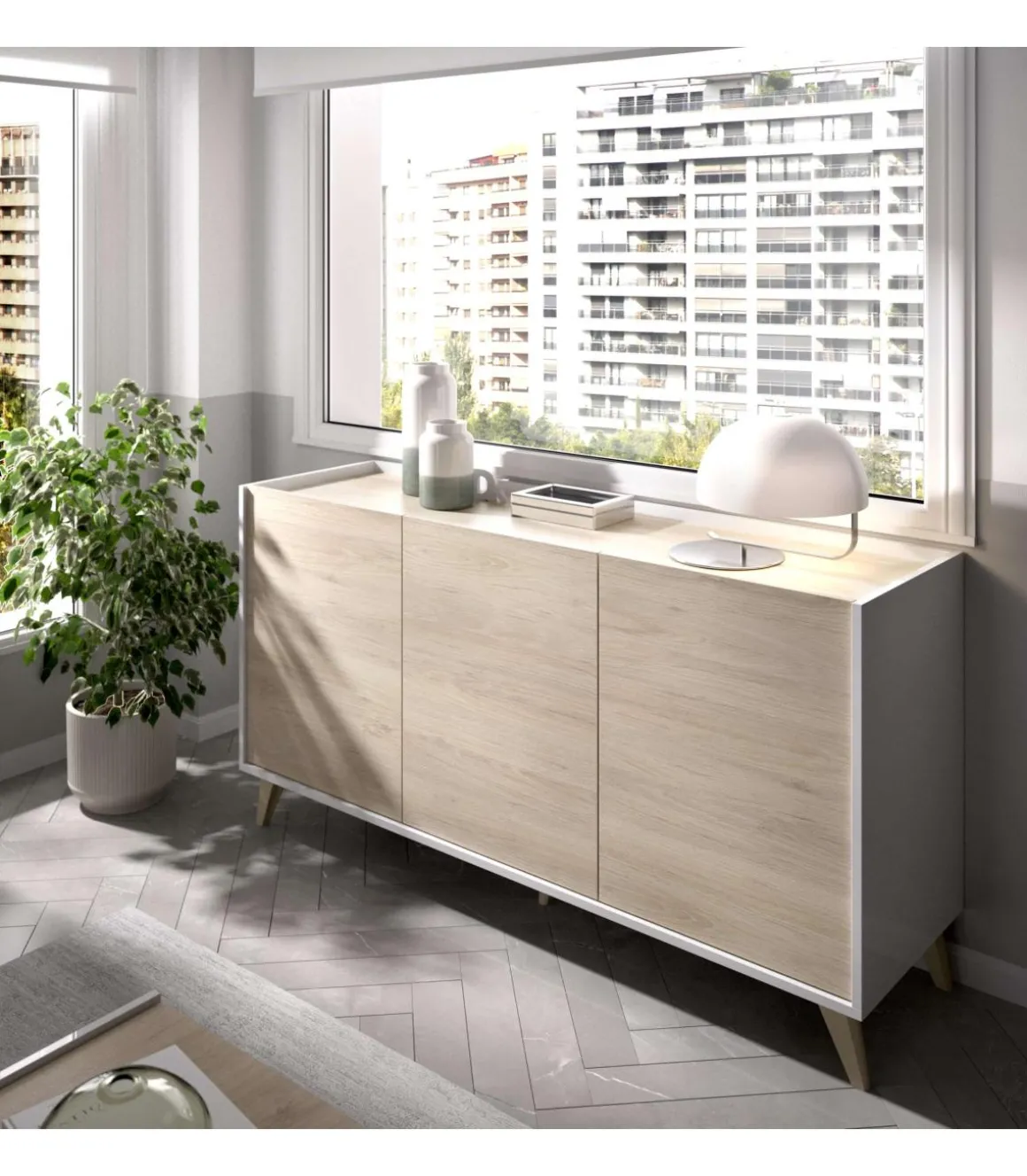 Aparador salón Cazalilla 3 puertas acabado natural-blanco, 75 cm(alto)155 cm(ancho)43 cm(largo)