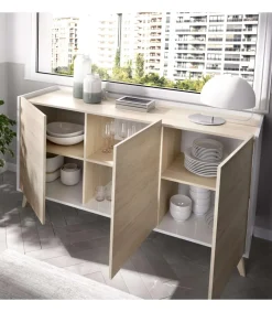 Aparador salón Cazalilla 3 puertas acabado natural-blanco, 75 cm(alto)155 cm(ancho)43 cm(largo)