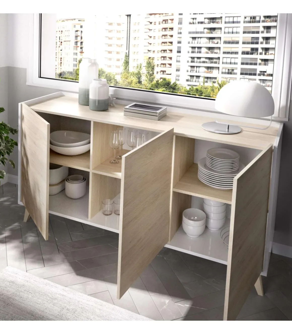 Aparador salón Cazalilla 3 puertas acabado natural-blanco, 75 cm(alto)155 cm(ancho)43 cm(largo)