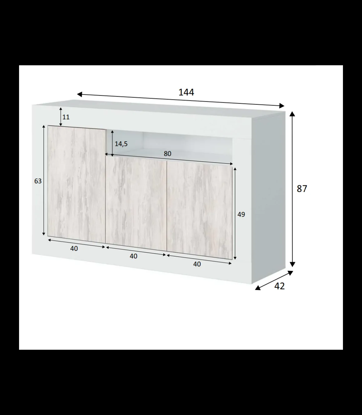 Aparador Teho 3 puertas y hueco superior. 87 cm (alto) x 144 cm (ancho) x 42 cm (prof.)