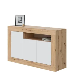 Aparador Teho 3 puertas y hueco central acabado en roble y blanco artik. 87 cm (alto) x 144 cm (ancho) x 42 cm (prof.)
