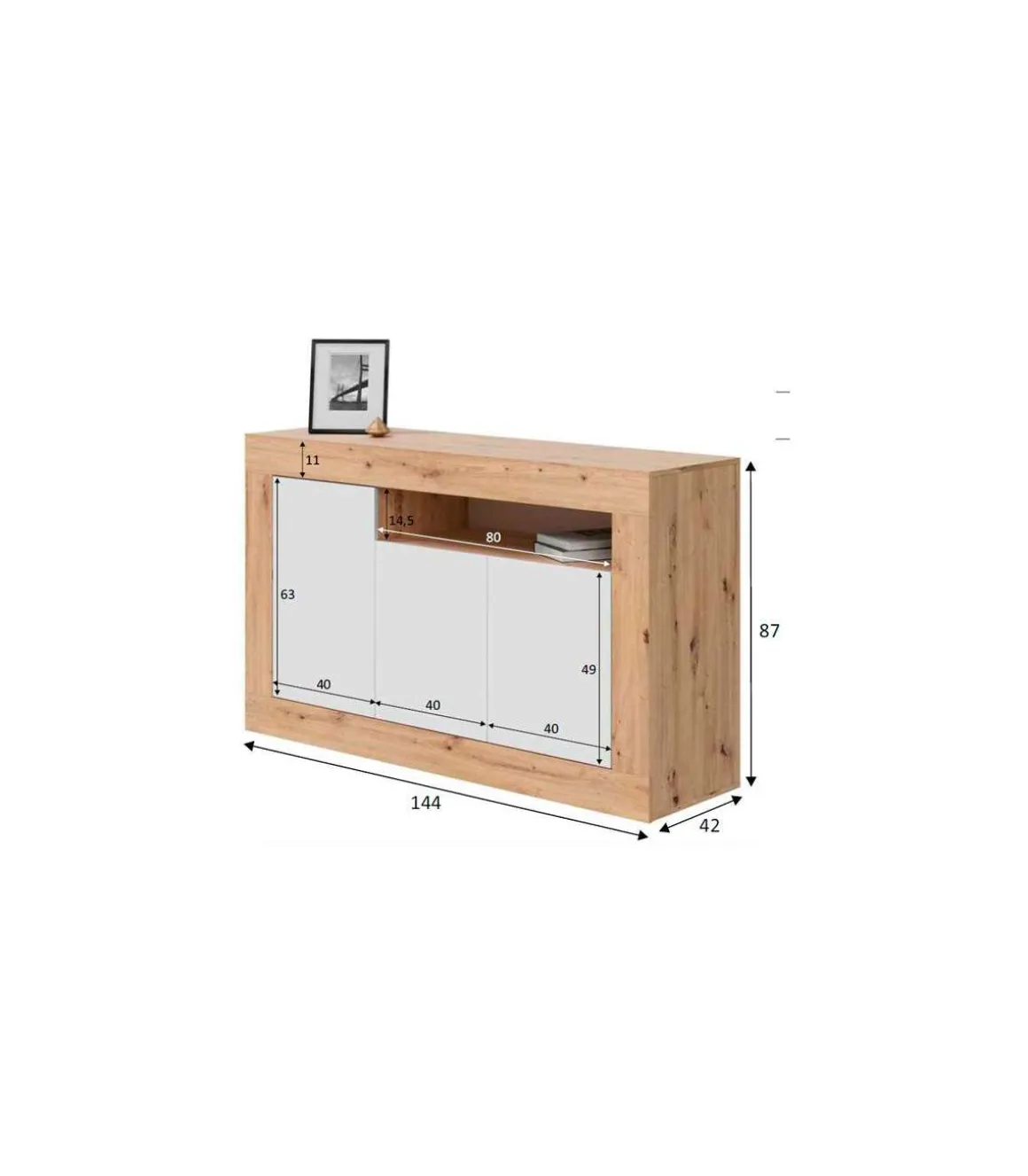 Aparador Teho 3 puertas y hueco central acabado en roble y blanco artik. 87 cm (alto) x 144 cm (ancho) x 42 cm (prof.)