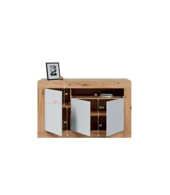 Aparador Teho 3 puertas y hueco central acabado en roble y blanco artik. 87 cm (alto) x 144 cm (ancho) x 42 cm (prof.)