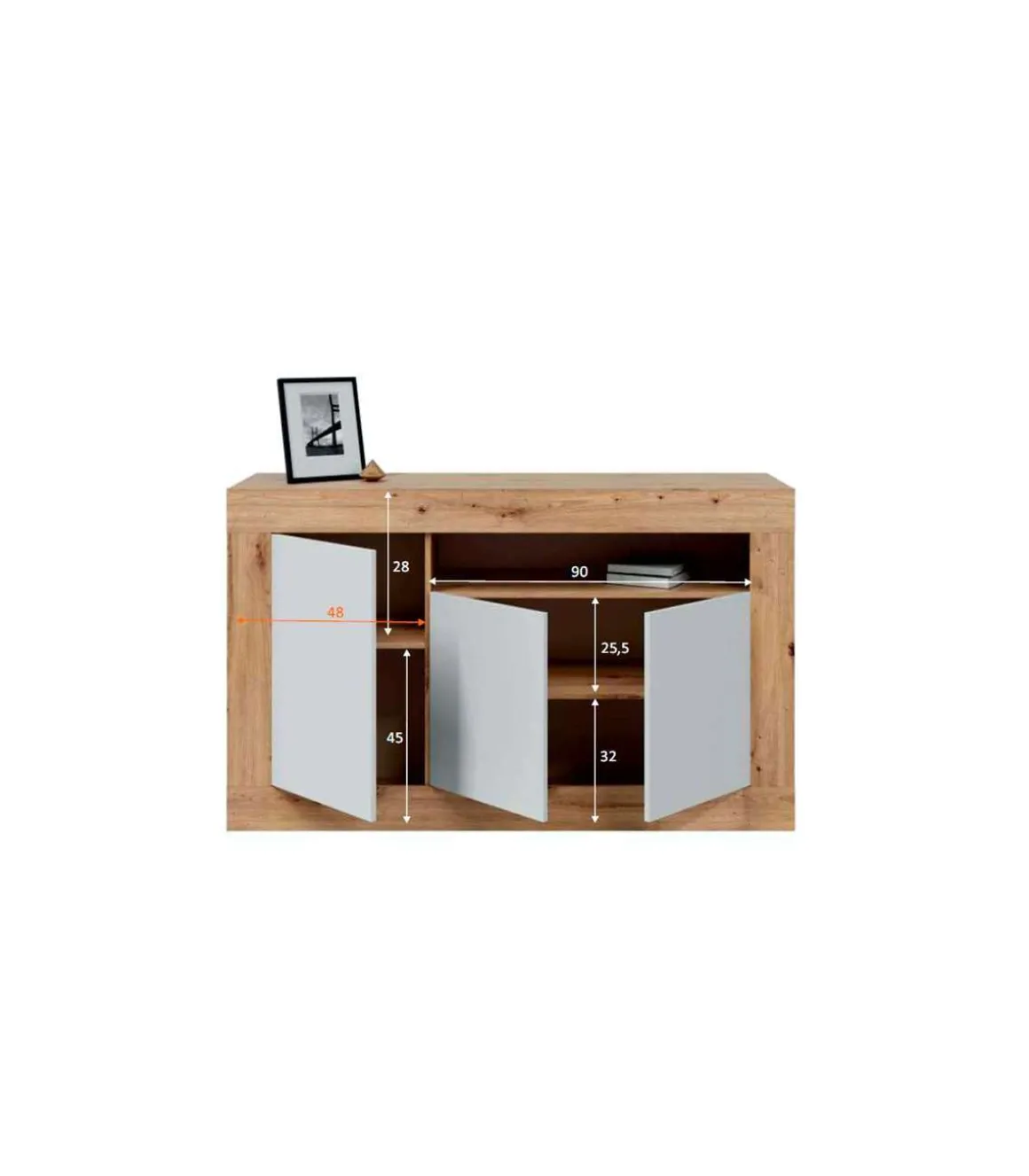 Aparador Teho 3 puertas y hueco central acabado en roble y blanco artik. 87 cm (alto) x 144 cm (ancho) x 42 cm (prof.)