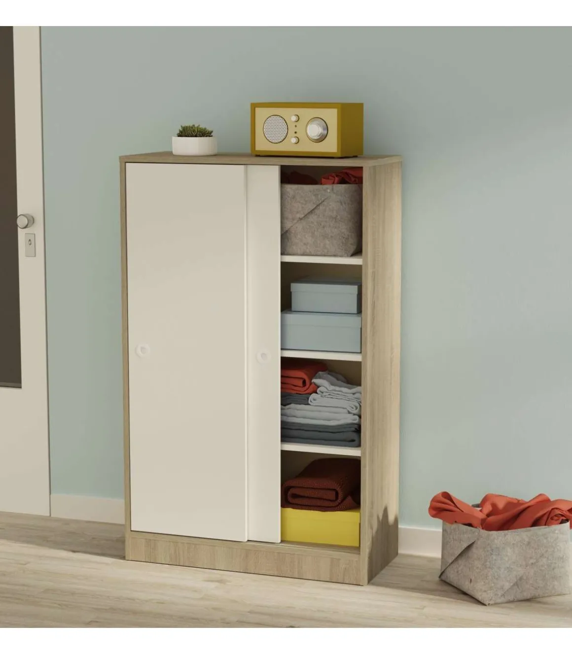 Armario bajo multiusos Tibet 2 correderas acabado roble cambrian/blanco, 120 cm(alto)74 cm(ancho)33 cm(largo)