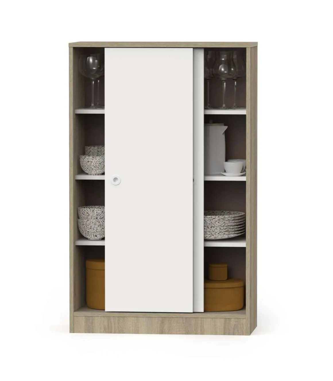 Armario bajo multiusos Tibet 2 correderas acabado roble cambrian/blanco, 120 cm(alto)74 cm(ancho)33 cm(largo)