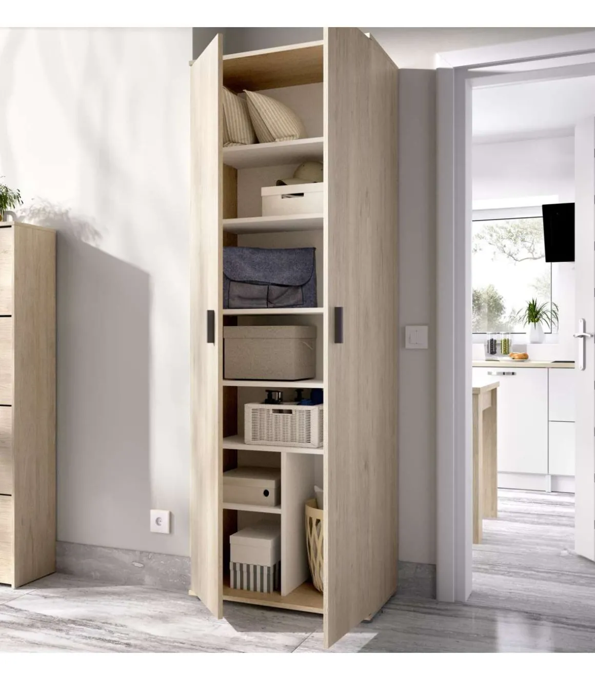 Armario multiusos Carmen 2 puertas acabado Natural, 6 estantes 61 cm(ancho) 190 cm(altura) 35 cm(fondo)