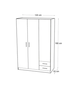 Armario 3 puertas abatibles 2 cajones acabado blanco, 180 cm(alto)120 cm(ancho)52 cm(fondo)