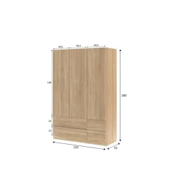 Armario 3 puertas abatibles 4 cajones acabado roble. 200cm(alto). 135cm(ancho). 52cm(fondo).