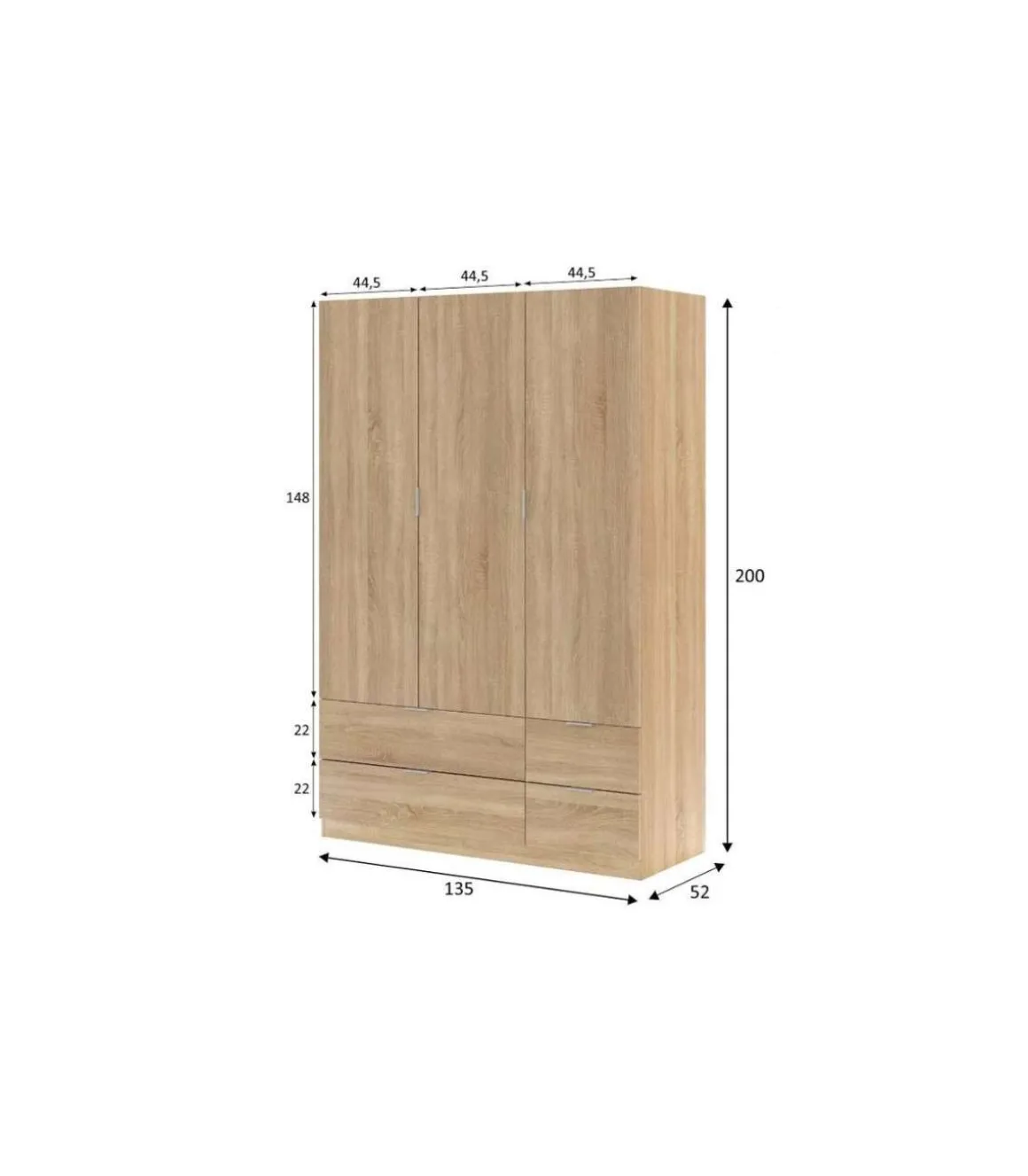 Armario 3 puertas abatibles 4 cajones acabado roble. 200cm(alto). 135cm(ancho). 52cm(fondo).