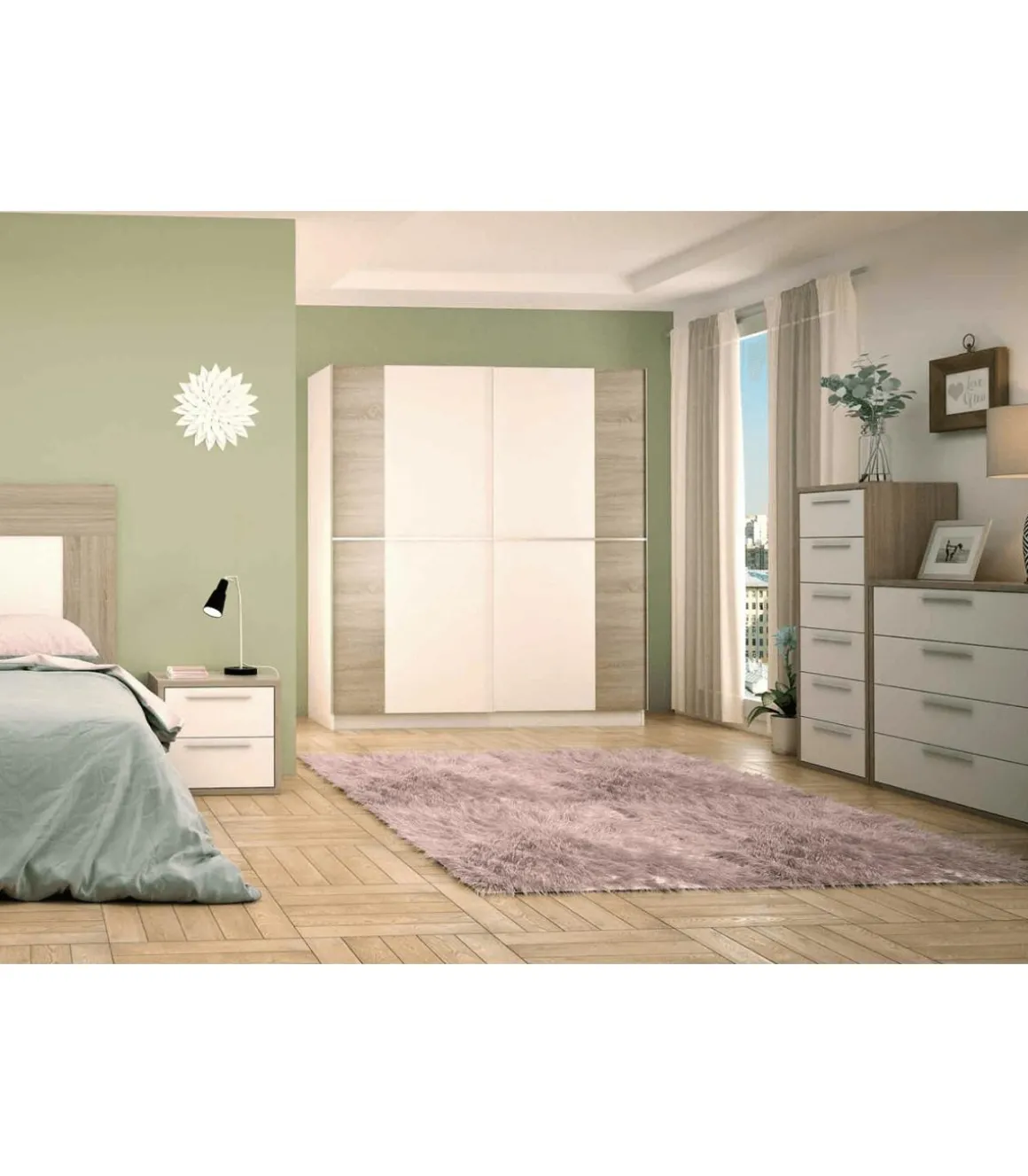 Armario 2 puertas correderas acabado blanco/roble 200 cm(alto)180 cm(ancho)60 cm(fondo)