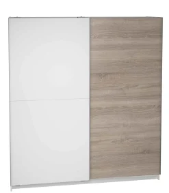 Armario 2 puertas correderas acabado en blanco/roble, 200 cm(alto)180 cm(ancho)60 cm(fondo)