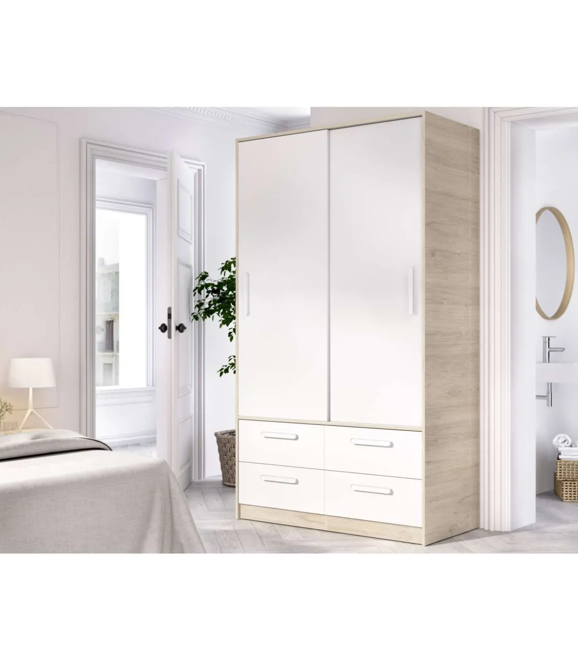 Armario puertas correderas Celia acabado blanco/natural, 204 cm(alto)120 cm(ancho)65 cm(largo
