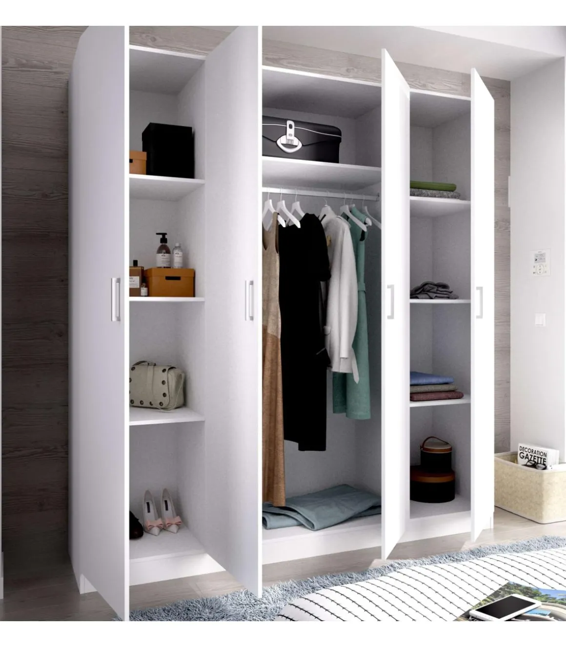 Armario ropero en blanco 4 puertas abatibles Huesa 215 cm(alto)200 cm(ancho)52 cm(fondo)