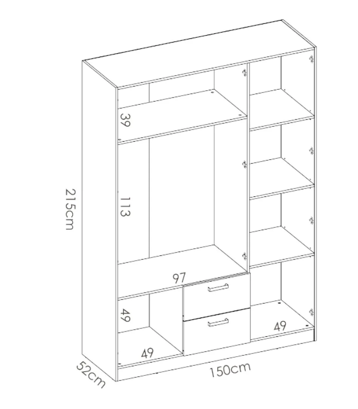 Armario ropero Huesa 3 puertas abatibles en blanco 215 cm(alto)150 cm(ancho)52 cm(largo)
