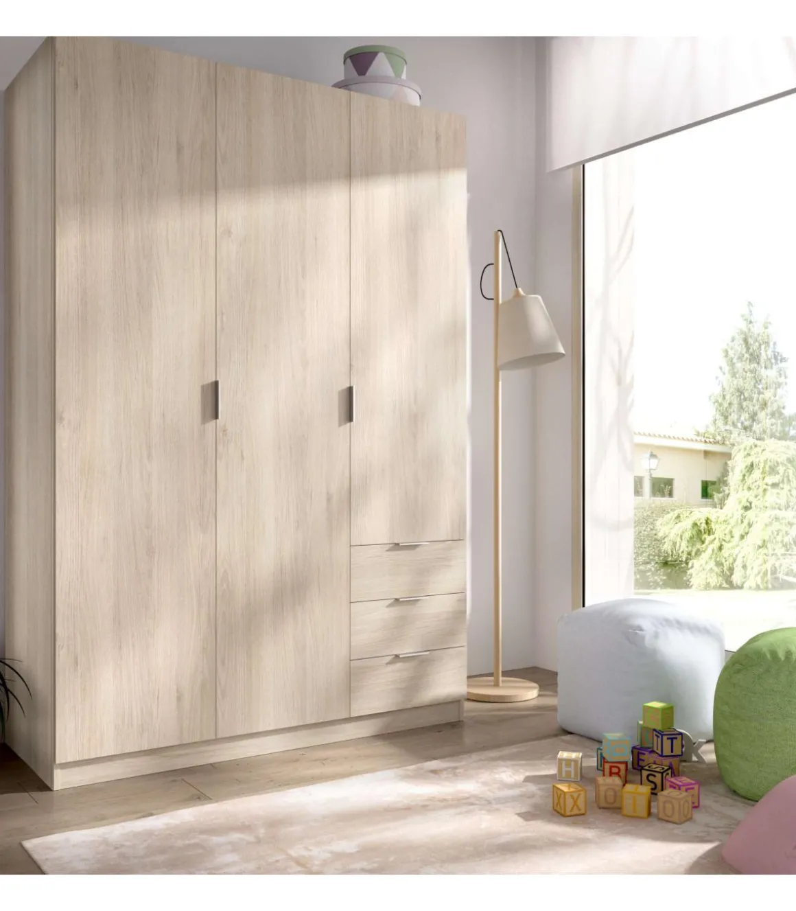 Armario ropero Lana 3 puertas abatibles y 3 cajones en roble natural 184 cm(alto)121 cm(ancho)52 cm(largo