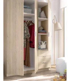 Armario ropero Lana 3 puertas abatibles y 3 cajones en roble natural 184 cm(alto)121 cm(ancho)52 cm(largo
