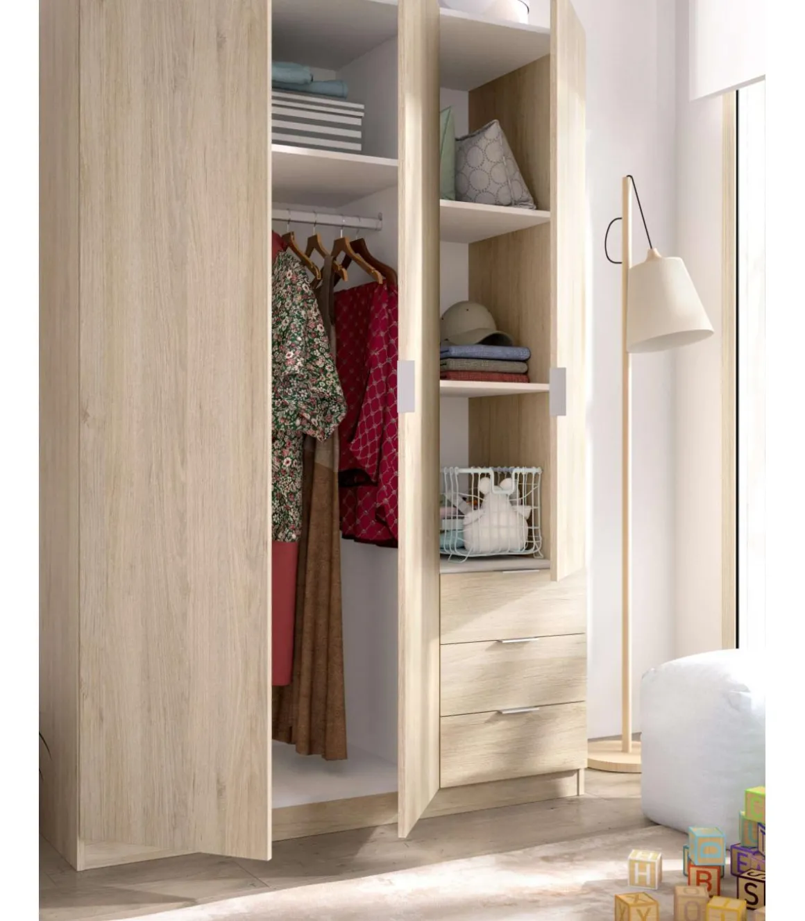 Armario ropero Lana 3 puertas abatibles y 3 cajones en roble natural 184 cm(alto)121 cm(ancho)52 cm(largo
