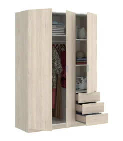 Armario ropero Lana 3 puertas abatibles y 3 cajones en roble natural 184 cm(alto)121 cm(ancho)52 cm(largo