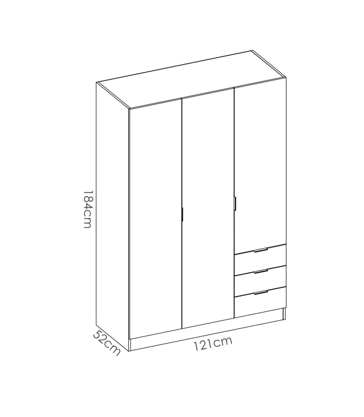 Armario ropero Lana 3 puertas abatibles y 3 cajones en roble natural 184 cm(alto)121 cm(ancho)52 cm(largo