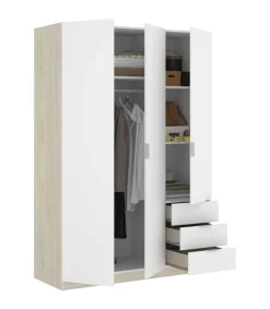 Armario ropero Lana 3 puertas abatibles y 3 cajones en roble natural-blanco 184 cm(alto)121 cm(ancho)52 cm(largo