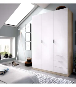 Armario ropero Lana 3 puertas abatibles y 3 cajones en roble natural-blanco 184 cm(alto)121 cm(ancho)52 cm(largo