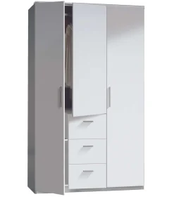 Armario ropero Moleo en acabado blanco de 3 puertas y 3 cajones. 117 cm (ancho), 203 cm (altura), 52 cm(fondo)