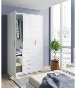 Armario ropero Moleo en acabado blanco de 3 puertas y 3 cajones. 117 cm (ancho), 203 cm (altura), 52 cm(fondo)