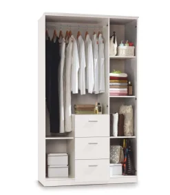 Armario ropero Moleo en acabado blanco de 3 puertas y 3 cajones. 117 cm (ancho), 203 cm (altura), 52 cm(fondo)
