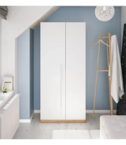 Armario ropero Nuria 2 puertas abatibles acabado blanco artik y roble 200 cm(alto) 90 cm(ancho) 52 cm(fondo)