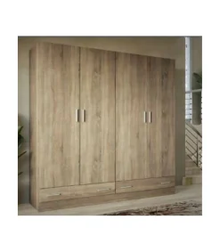 Armario ropero 4 puertas abatibles 2 cajones Lorena acabado roble cambrian, 196cm(alto) 200cm(ancho) 50cm(largo)