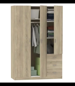 Armario ropero 3 puertas abatibles y 3 cajones Turin acabado roble, 180 cm(ancho)120 cm(ancho)50 cm(fondo)