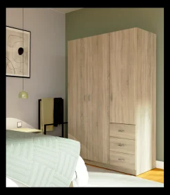 Armario ropero 3 puertas abatibles y 3 cajones Turin acabado roble, 180 cm(ancho)120 cm(ancho)50 cm(fondo)