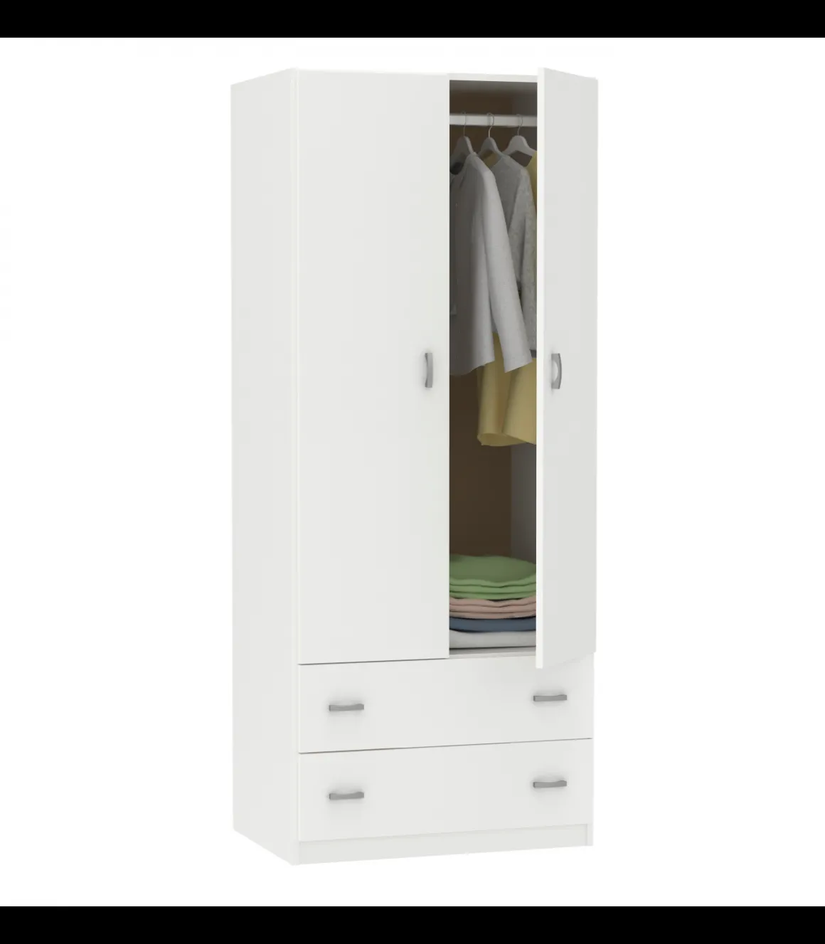 Armario ropero 2 puertas abatibles y 2 cajones Turin acabado blanco, 180 cm(alto)74 cm(ancho)50 cm(fondo)
