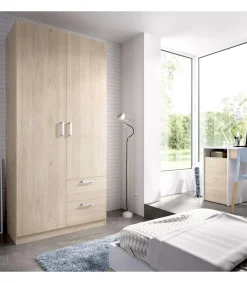 Armario ropero 2 puertas abatibles 2 cajones Huesa en roble natural 215 cm(alto)100 cm(ancho)52 cm(fondo)