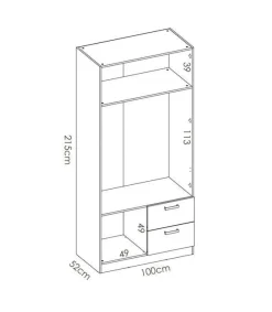 Armario ropero 2 puertas abatibles 2 cajones Huesa en roble natural 215 cm(alto)100 cm(ancho)52 cm(fondo)